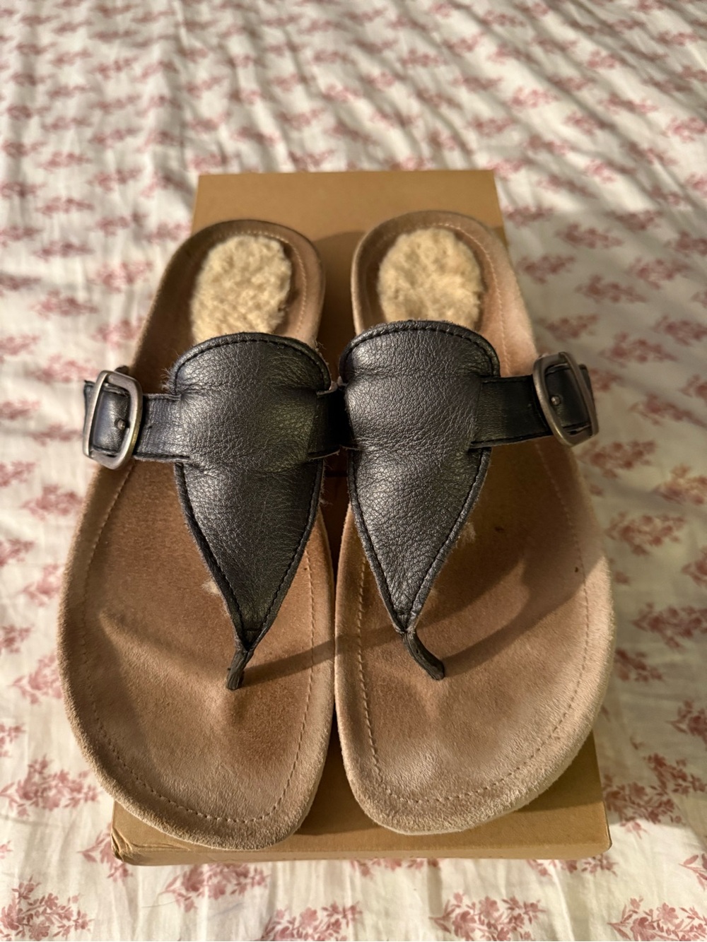UGG Black Leather Gypsy Thong Sandals with Silver Buckle